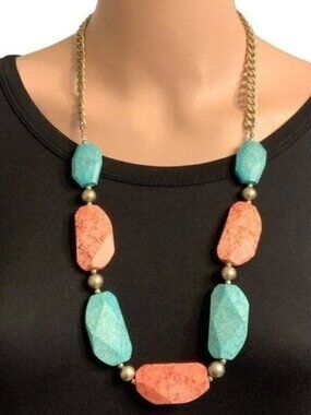 Chunky Beaded Necklace Blue Coral Gold Tone Adjustable Length Womens Jewelry